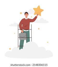 Business champion with star. Young guy with half bag on stairs, metaphor for leadership and motivation. Talented investor or entrepreneur, head of organization. Cartoon flat vector illustration