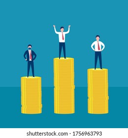 Business championship vector concept: three businessmen standing on podium made from stack of coins