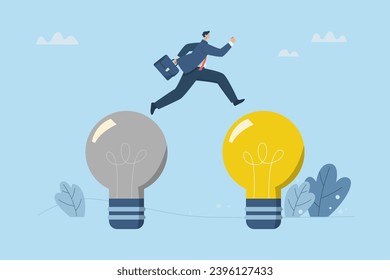 Business change concept, Shifting from old ideas to new ideas, creativity, New innovations and improvements, Businessman jumps from a dark light bulb to a brighter light bulb. Vector illustration.