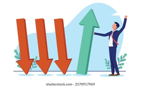 Business change direction - Businessman, manager or boss changing company into success and profits holding green arrow and cheering. Successful management concept in flat design vector illustration