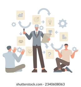 Business change management illustration concept. Business people working in office planning, thinking and economic analysis.Office man and woman character vector design. 