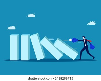 Business changes, domino effect. Businessman punches dominoes to make them fall. Vector 