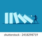 Business changes, domino effect. woman pushes dominoes to fall . Vector 