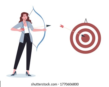 Business character aiming in target and shooting with arrow. Employee shoot the target. Ambitious woman shooting. Idea of success and motivation. Vector illustration in cartoon style