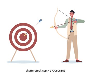 Business character aiming in target and shooting with arrow. Employee shoot the target. Ambitious man shooting. Idea of success and motivation. Vector illustration in cartoon style