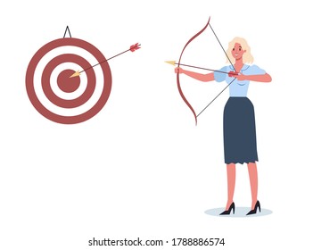 Business character aiming in target and shooting with arrow. Employee shoot the target. Ambitious woman shooting. Idea of success and motivation. Vector illustration in cartoon style