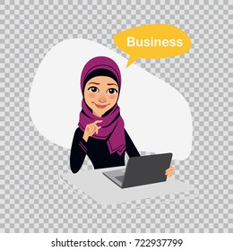 Business character. Arab business woman is working with laptop on table . Business concept. Vector illustration on transparent background.