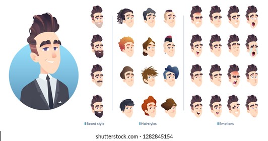 Business character avatar kit, different hairstyles, facial expression and beard. Collection of male facial emotions