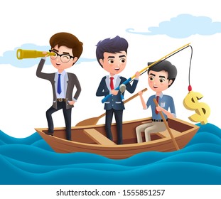 Business character boating vector concept. Business team characters fishing, boating, telescoping and catching money in sea. Vector illustration.  