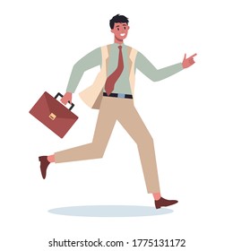 Business character with briefcase running. Business man rushing in a hurry. Happy and successful employee in a suit. Flat vector illustration