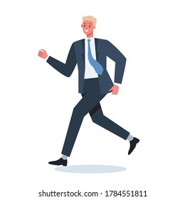 Business character with briefcase running. Business man rushing in a hurry. Happy and successful employee in a suit. Flat vector illustration