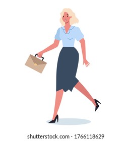 Business character with briefcase running. Business woman rushing in a hurry. Happy and successful employee in a suit. Flat vector illustration