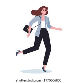 Business character with briefcase running. Business woman rushing in a hurry. Happy and successful employee in a suit. Flat vector illustration