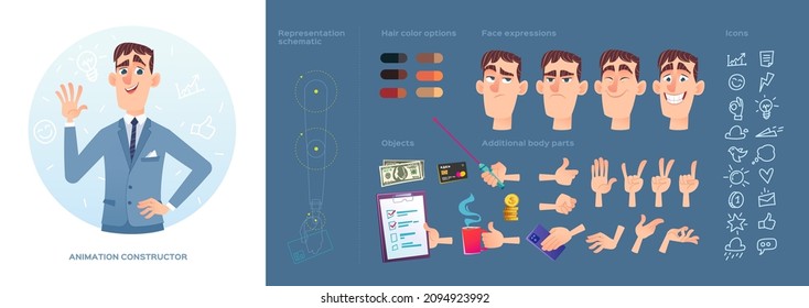 Business Character cartoon style. Constructor for Animation with with a set of several face emotions, gesture hands, objects, icons and a palette of color combinations for hair. Portrait of a man.