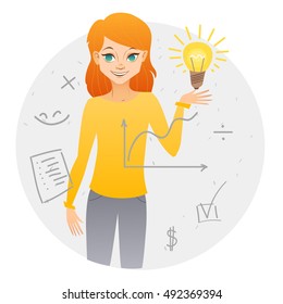 Business character in circle. Web design, banner, brochure. Cute woman with great idea.