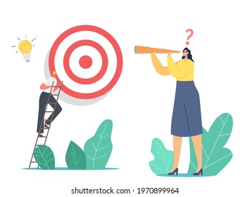 Business Character Climb Ladder Overcome Obstacles Making Next Step to Reach Target. Businesswoman Looking in Spyglass. Goals Achievement, Aim, Challenge Strategy. Cartoon People Vector Illustration