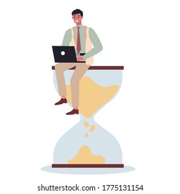 Business character with a clock. Work effectivity and planning. Productive time management concept. Task planning, making a week schedule. Isolated vector illustration