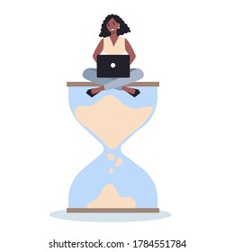 Business character with a clock. Work effectivity and planning. Productive time management concept. Task planning, making a week schedule. Isolated vector illustration