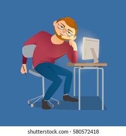 Business character concept. Freehand drawn cartoon style. Web designer sitting at table. Working place, monitor. Young man developer working in office, design studio. Freelance job vector background