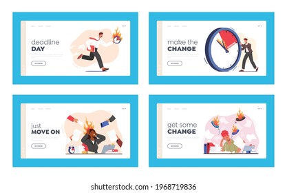 Business Character Deadline at Work Landing Page Template Set. Clerks with Burning Clock in Messy Office. Lack of Time, Business Working Process Organization. Cartoon People Vector Illustration.