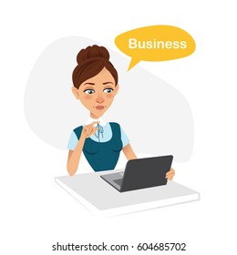 Business character. Girl is sitting at table. She is working behind laptop and talking word business. Vector illustration