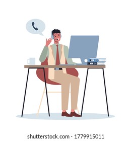 Business character with headphone. Call center office concept. Male character talk to client or colleague. Idea of customer support. Assistance work. Flat vector illustration.