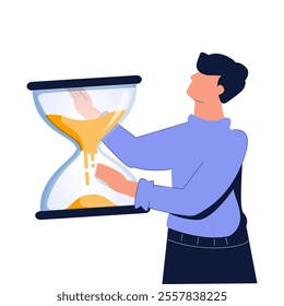 Business character holding hourglass. Time management and deadline passing, countdown, punctuality concept. Waiting with timer, sandglass. Flat vector illustration isolated on white background