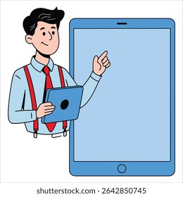 Business character holding large tablet vector. Modern professional illustration for tech and office themes.