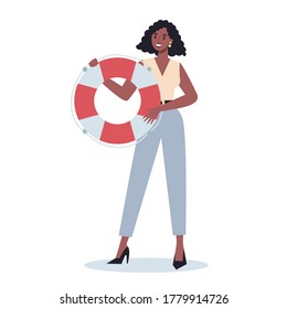 Business character holding a lifeline. Lifeline as a metaphor for help and safety. Idea of customer service. Help people with problem. Providing customer with valuable information. Vector illustration