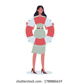 Business character holding a lifeline. Lifeline as a metaphor for help and safety. Idea of customer service. Help people with problem. Providing customer with valuable information. Vector illustration