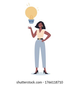 Business character holding a light bulb. Idea concept. Creative mind and brainstorm. Thinking about innovation and find solution. Light bulb as metaphor. Isolated flat vector illustration