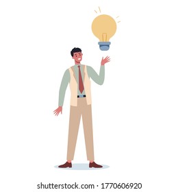 Business character holding a light bulb. Idea concept. Creative mind and brainstorm. Thinking about innovation and find solution. Light bulb as metaphor. Isolated flat vector illustration