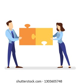 Business character holding puzzle piece. Idea of strategy and solution. Man and woman with jigsaw puzzle. Isolated flat vector illustration