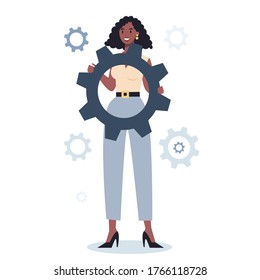 Business character holding wrench and gear. Idea of office worker productively working and moving towards success. Partnership and collaboration. Flat abstract vector illustration