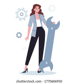 Business character holding wrench and gear. Idea of office worker productively working and moving towards success. Partnership and collaboration. Flat abstract vector illustration
