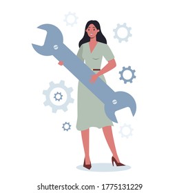 Business character holding wrench and gear. Idea of office worker productively working and moving towards success. Partnership and collaboration. Flat abstract vector illustration