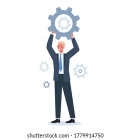 Business character holding wrench and gear. Idea of office worker productively working and moving towards success. Partnership and collaboration. Flat abstract vector illustration