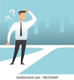 Business character illustration. Confused choosing road to success concept.