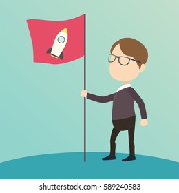 Business character illustration. Rocket flag launch.