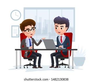 Concepto vectorial de entrevista de trabajo de carácter comercial. Entrevista de director de negocios sobre el candidato a puesto vacante de oficina. Ilustración vectorial.