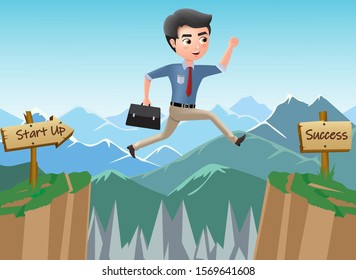 Business character journey to success vector concept. Business man character jumping risk for achievement and promotion process in mountain background. Vector illustration.