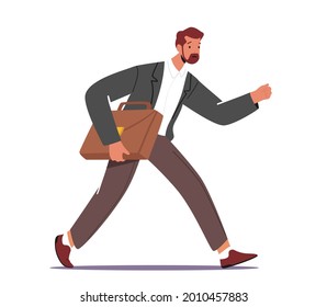 Business Character Late in Office, Anxious Businessman Hurry at Work due to Oversleep or Traffic Jam. Businessman with Bag Run, Stress Work Situation Concept. Cartoon People Vector Illustration