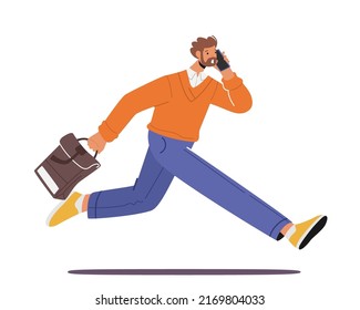 Business Character Late in Office, Anxious Businessman Hurry at Work due to Oversleep or Traffic Jam. Businessman with Bag and Phone Run, Stress at Work Concept. Cartoon People Vector Illustration