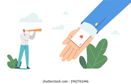 Business Character Look in Spyglass on Huge Hand with Ace in Sleeve. Unfair Competition Concept. Cheating Trick, Advantage in Business. Businessmen See Hidden Card. Cartoon People Vector Illustration