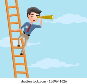 Business character looking vector concept. Male business character climbing in ladder while holding telescope searching for career opportunity. Vector illustration.