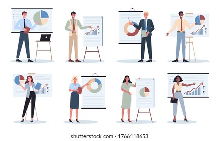 Business character making presentation in front of group of co-worker set. Presenting business plan on seminar. Pointing at the graph. Flat vector illustration