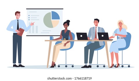 Presentación de carácter empresarial frente a un grupo de compañeros de trabajo. Presentación del plan de trabajo sobre el seminario. Apuntando al gráfico. Ilustración vectorial plana