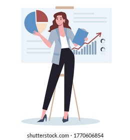 Business character making presentation in front of group of co-worker. Presenting business plan on seminar. Pointing at the graph. Flat vector illustration