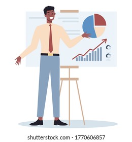 Business character making presentation in front of group of co-worker. Presenting business plan on seminar. Pointing at the graph. Flat vector illustration