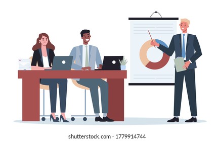 Business character making presentation in front of group of co-worker. Presenting business plan on seminar. Pointing at the graph. Flat vector illustration